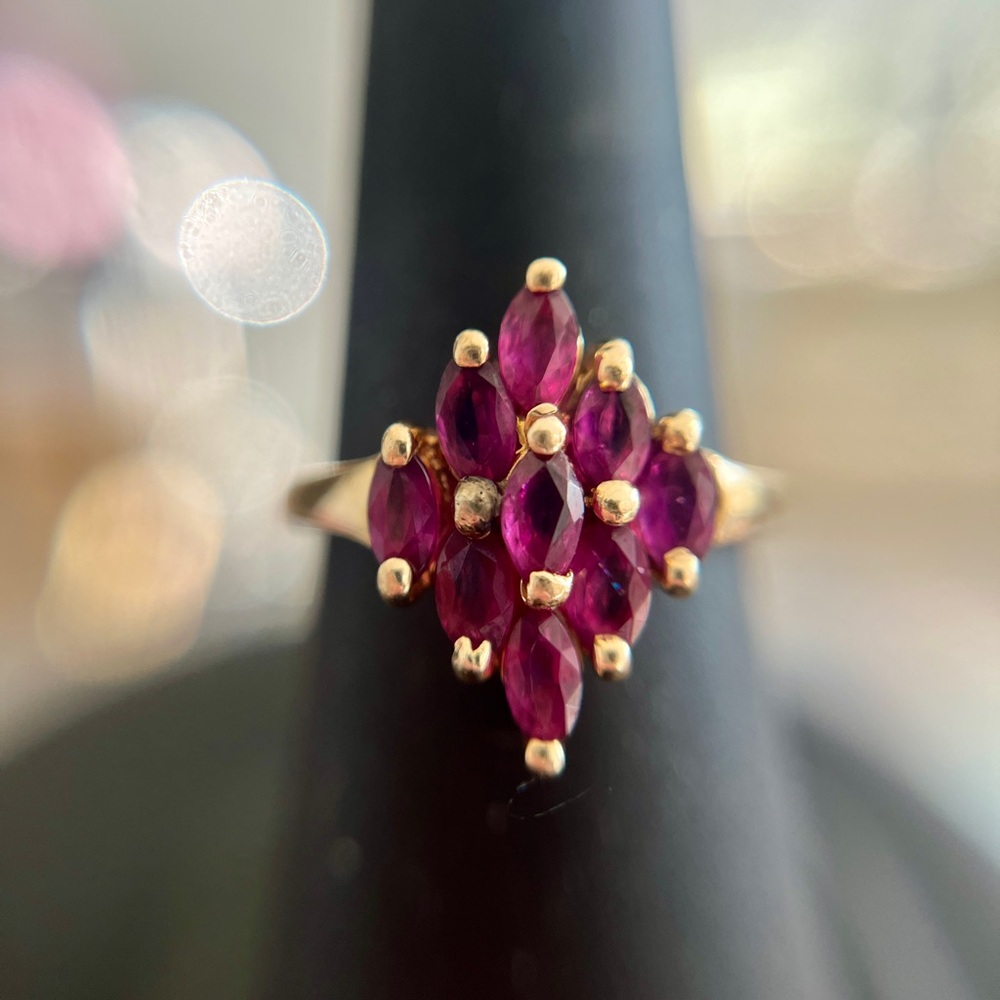 Vintage Marquis Cut Cluster Garnet Ruby 14kt Gold Ring, Size 5.75
